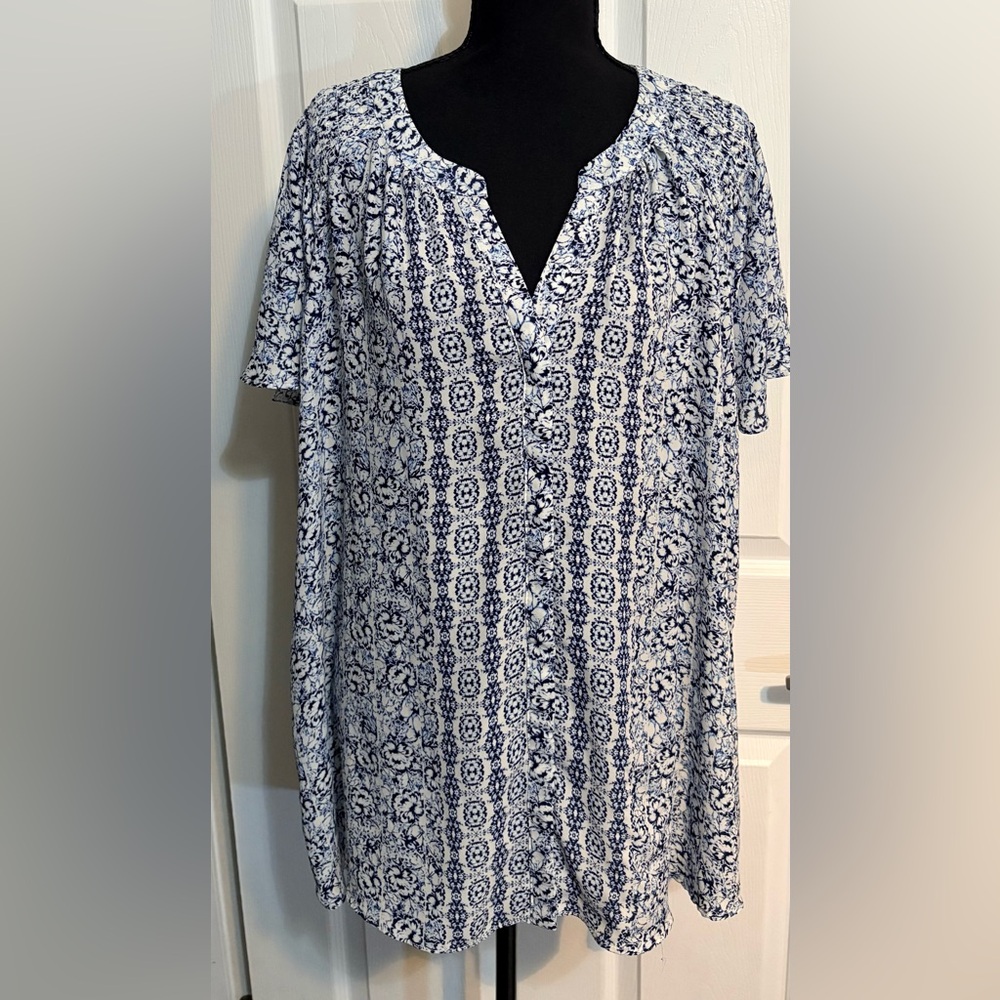 Blue and White Floral Button Front Dress